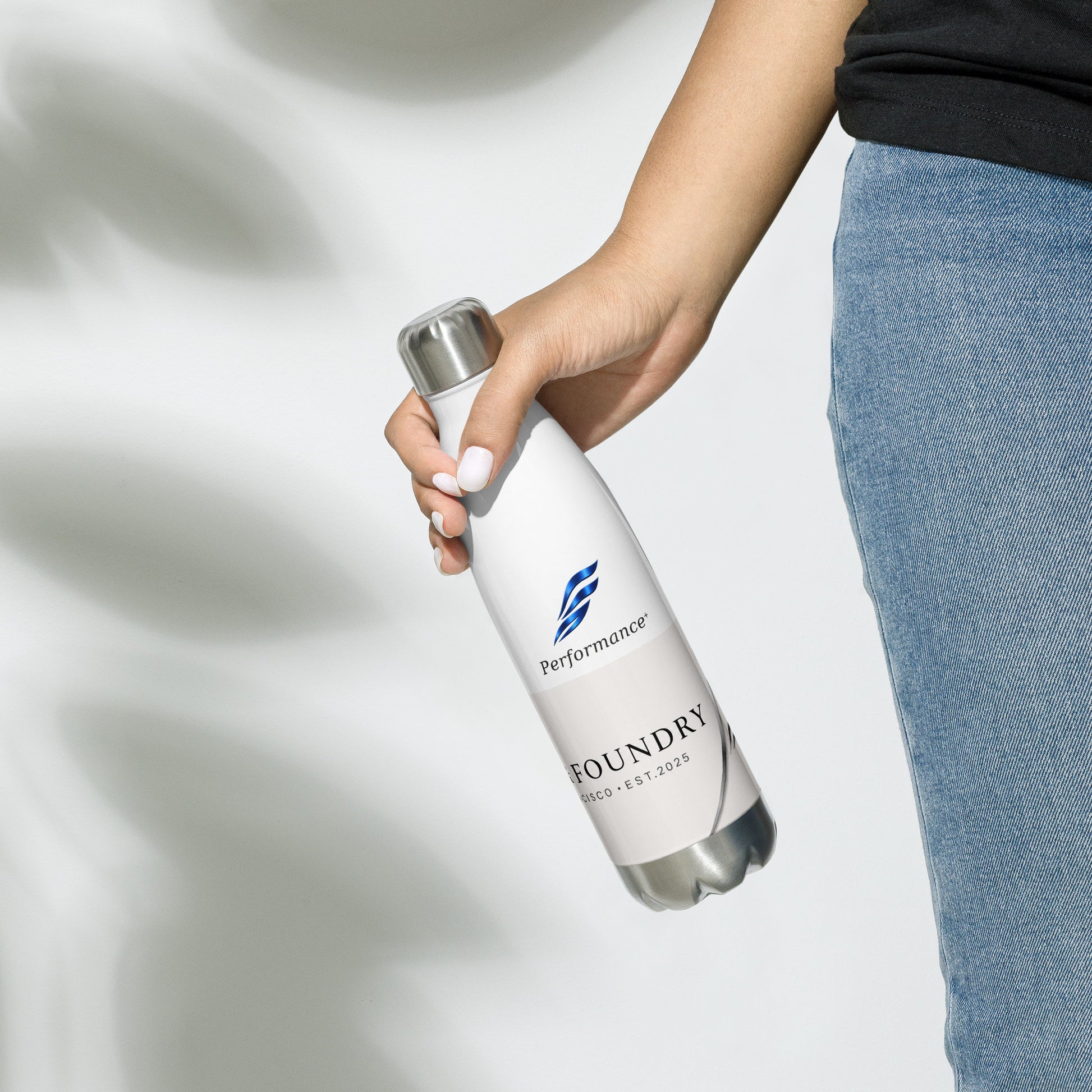 White 17oz stainless steel Twin Peaks water bottle by Fog & Foundry, front view with lid and sleek design.