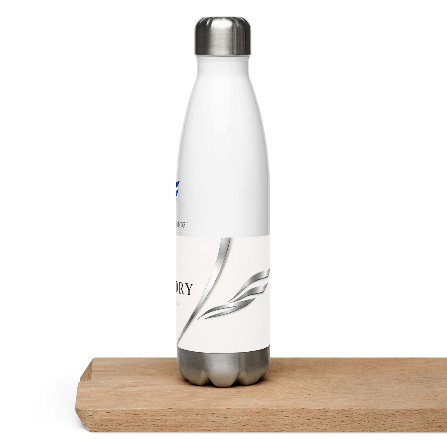 Stainless steel Twin Peaks water bottle by Fog & Foundry, 17oz, white color, with a sleek design and logo visible.