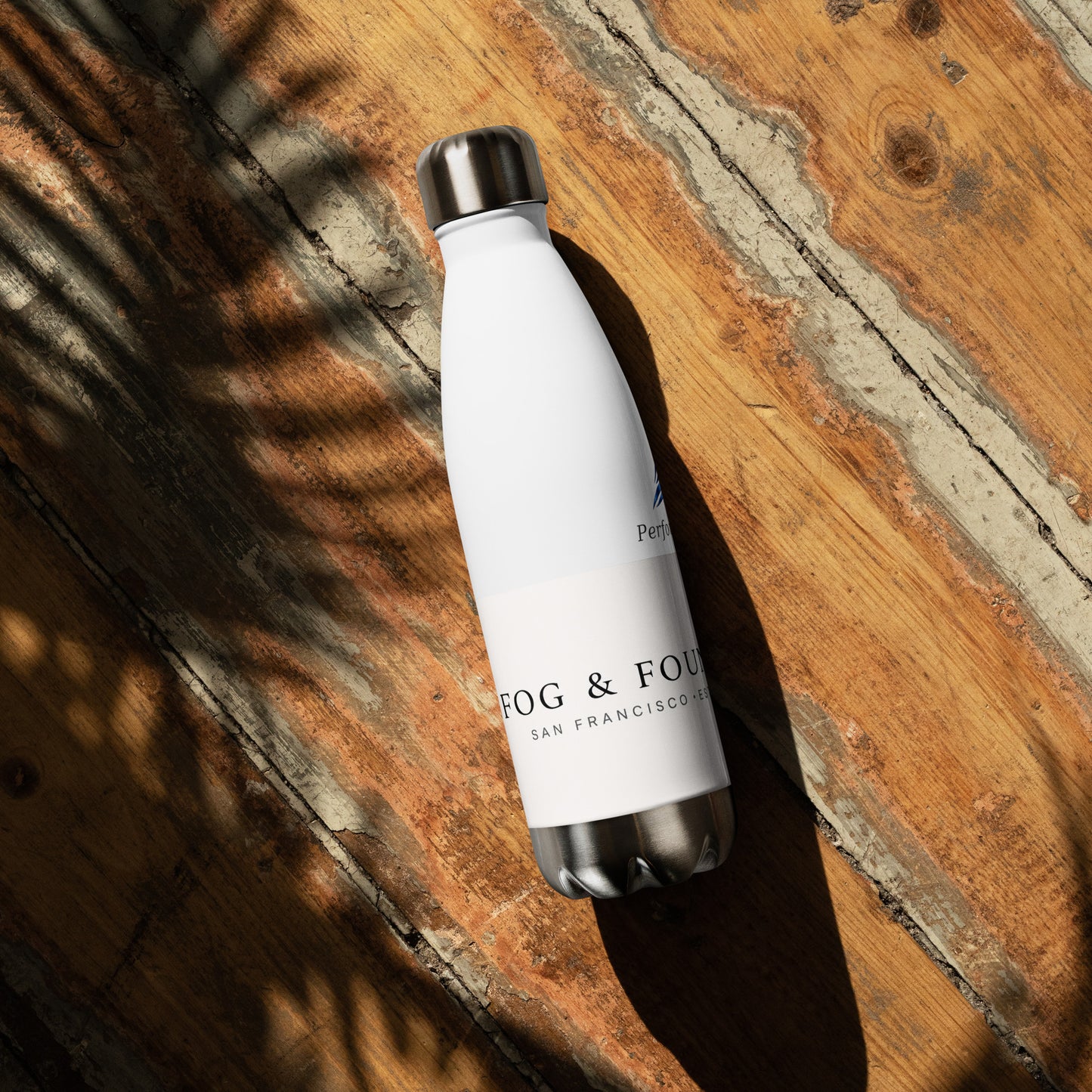 White 17oz stainless steel water bottle from Fog & Foundry with a sleek design and secure screw-top lid.