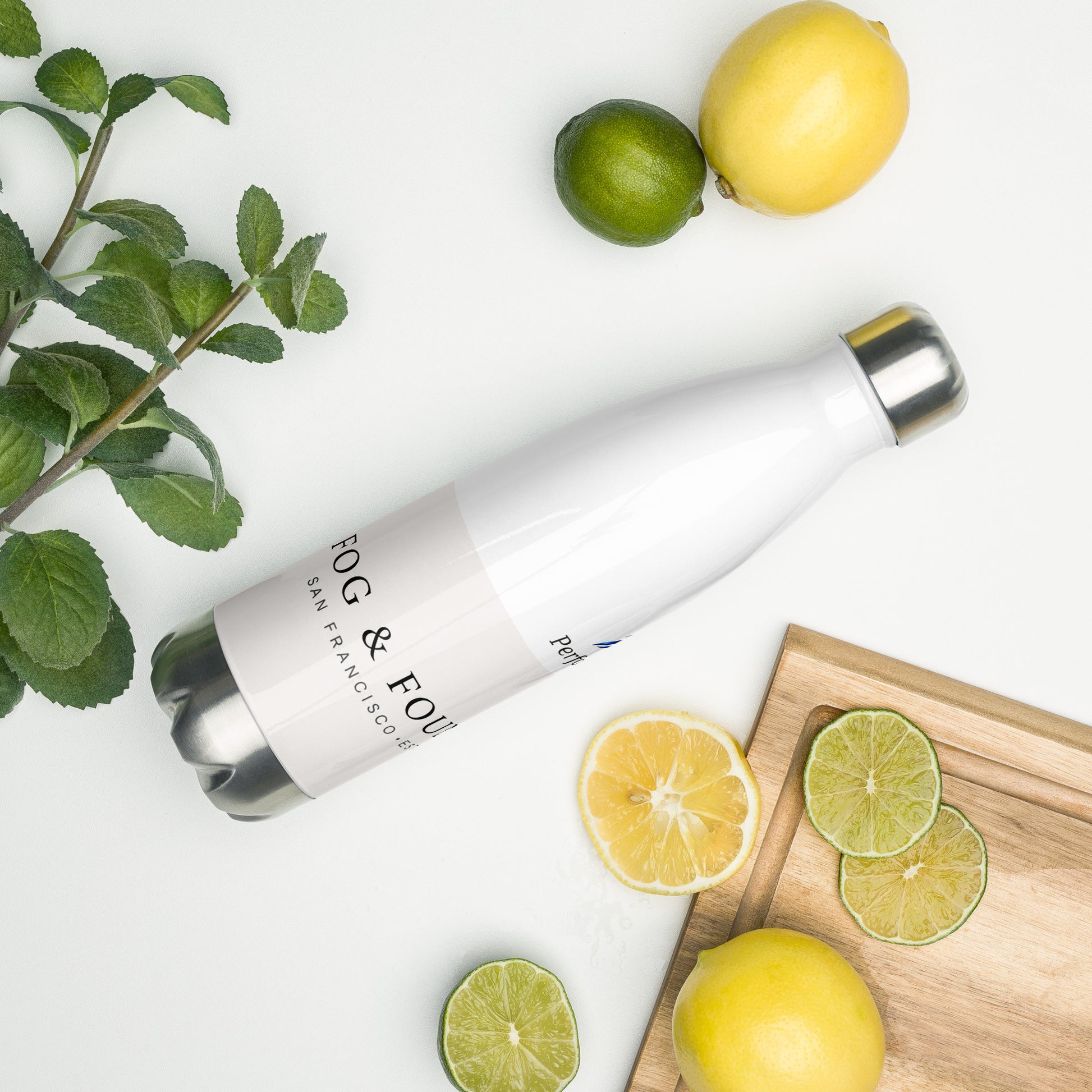 White 17oz stainless steel Twin Peaks water bottle by Fog & Foundry, shown from the right side with a sleek design.