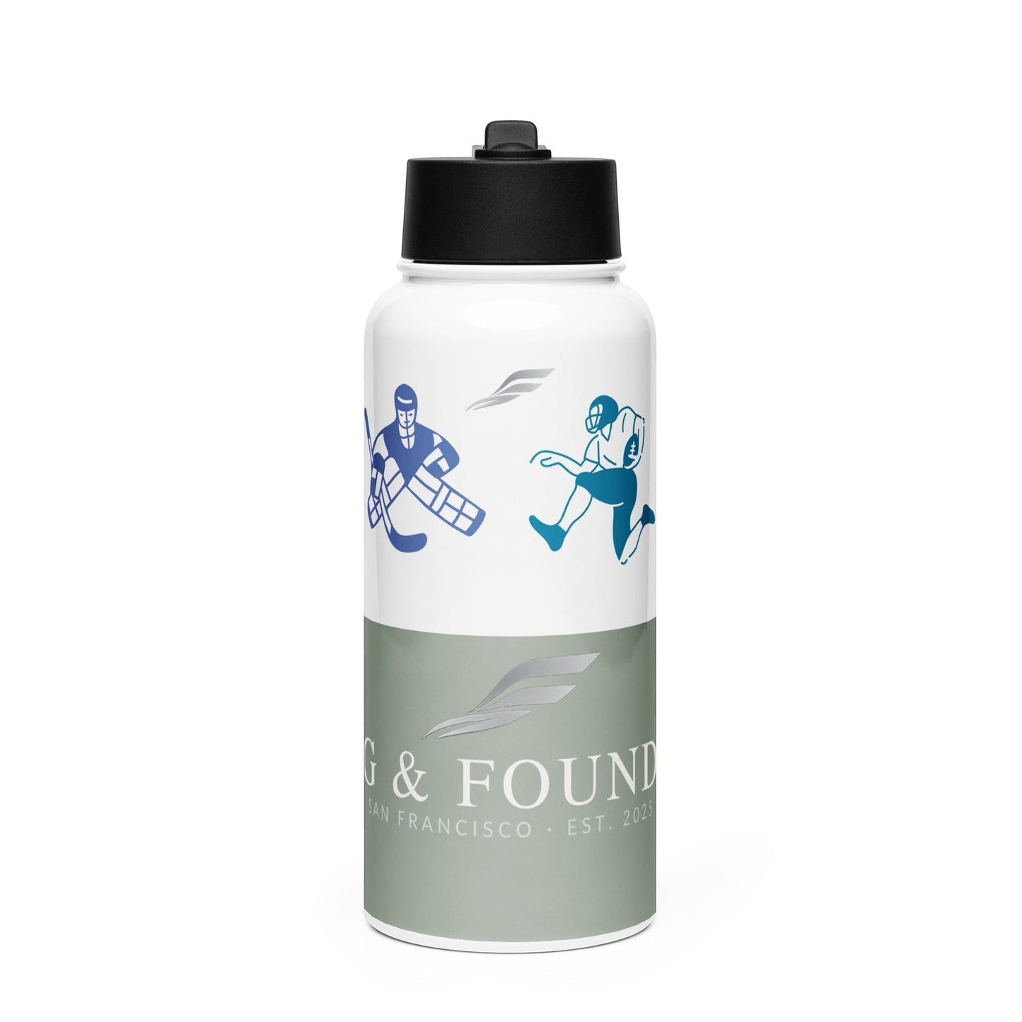 Fog & Foundry Marina Sage stainless steel water bottle with straw lid, 32 oz, front view.