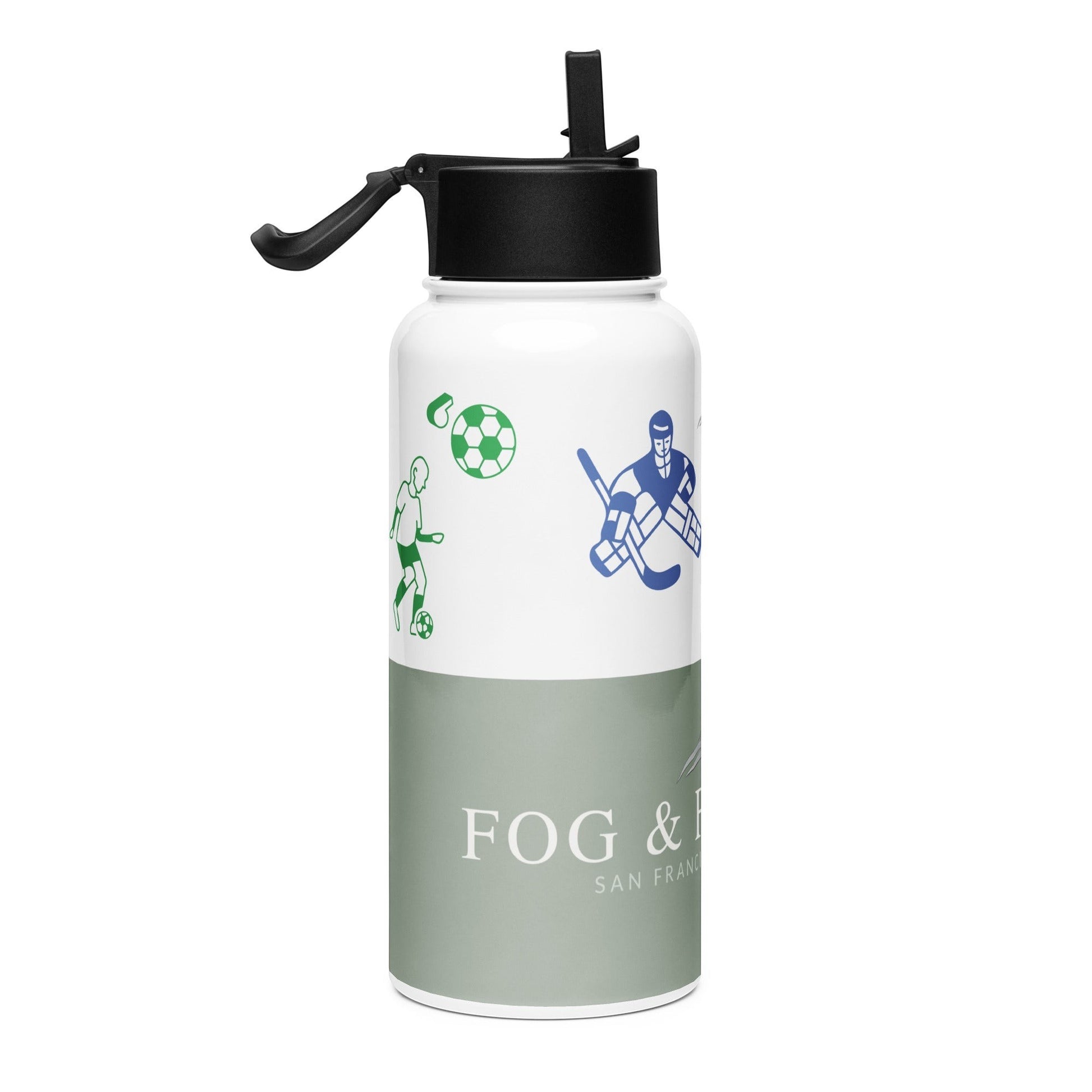 Fog & Foundry Marina Sage stainless steel water bottle with straw lid, 32 oz, featuring a sleek white design perfect for hydration.
