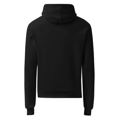 Black Champion Powerblend hoodie from Fog & Foundry, back view, unisex sweatshirt with a casual, comfortable fit.