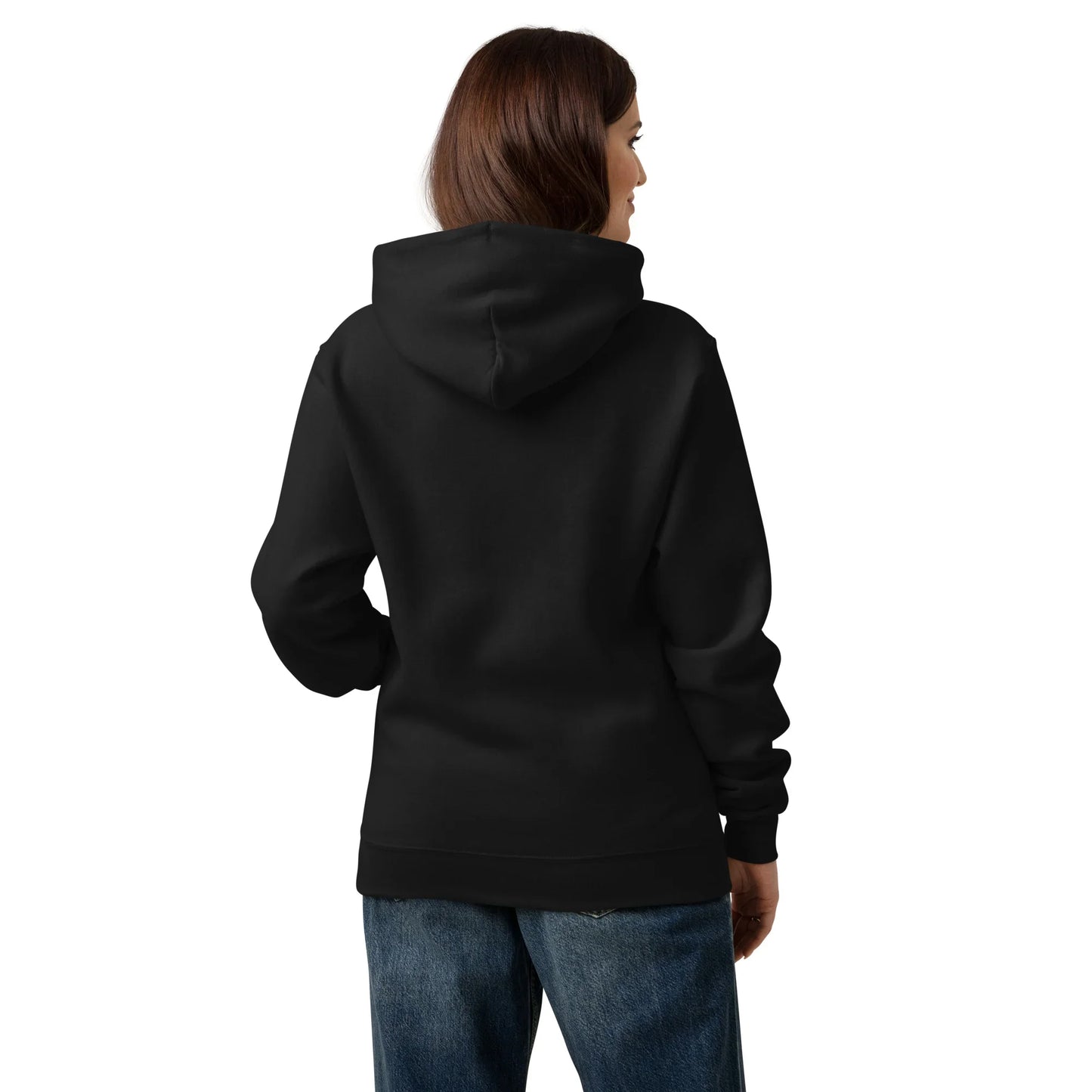 Black unisex Champion Powerblend hoodie by Fog & Foundry, shown from the back with a casual, comfortable fit.