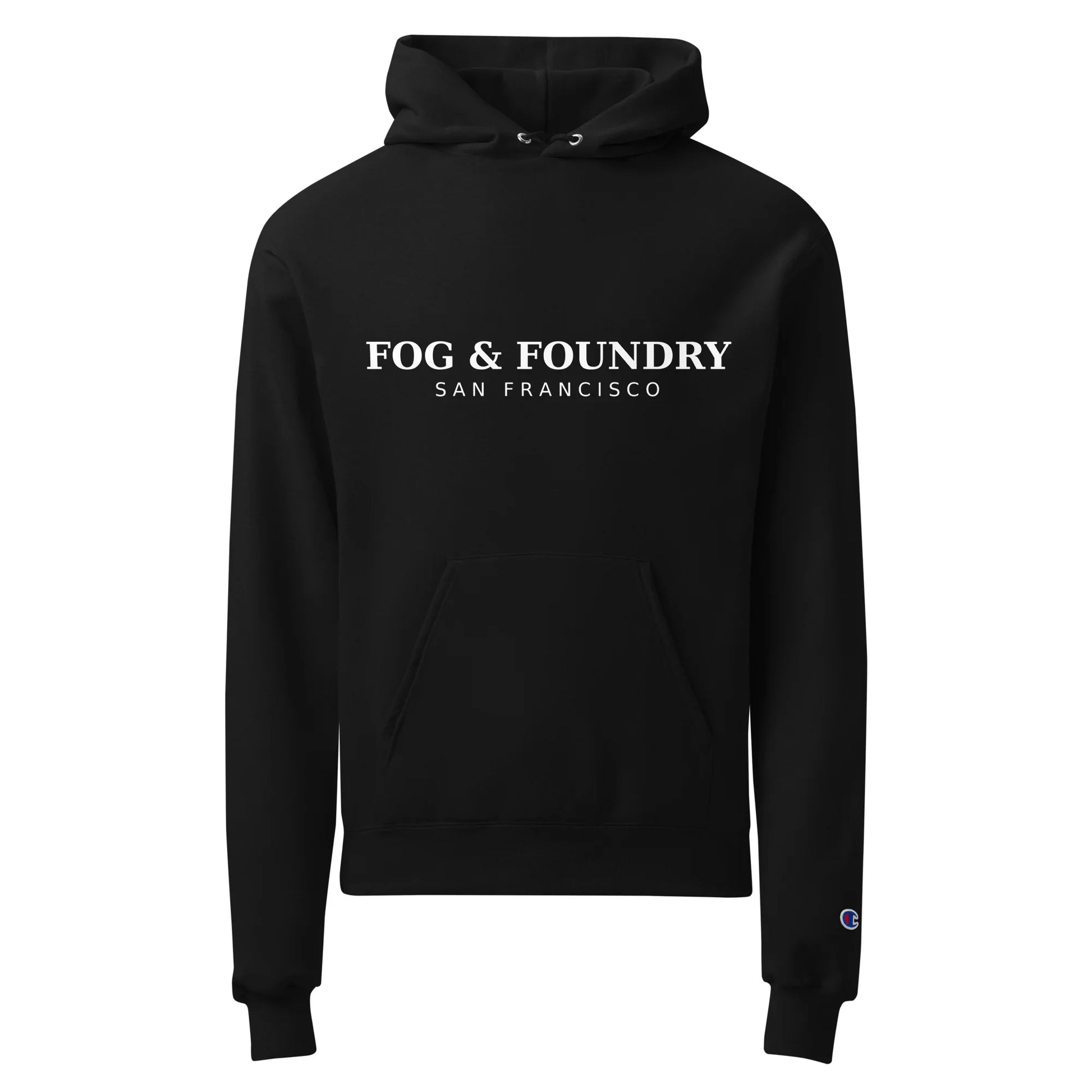Black Champion Powerblend hoodie from Fog & Foundry, unisex sweatshirt with front design, perfect for casual wear and comfort.