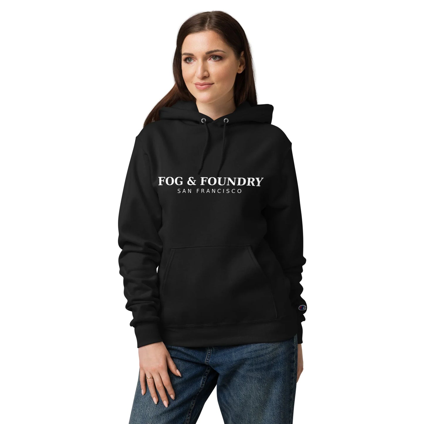 Unisex black Champion Powerblend hoodie by Fog & Foundry with front design, casual style, and comfortable fit.