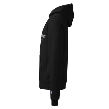 Unisex black Champion Powerblend hoodie from Fog & Foundry, featuring a relaxed fit and casual style, shown from the left side.
