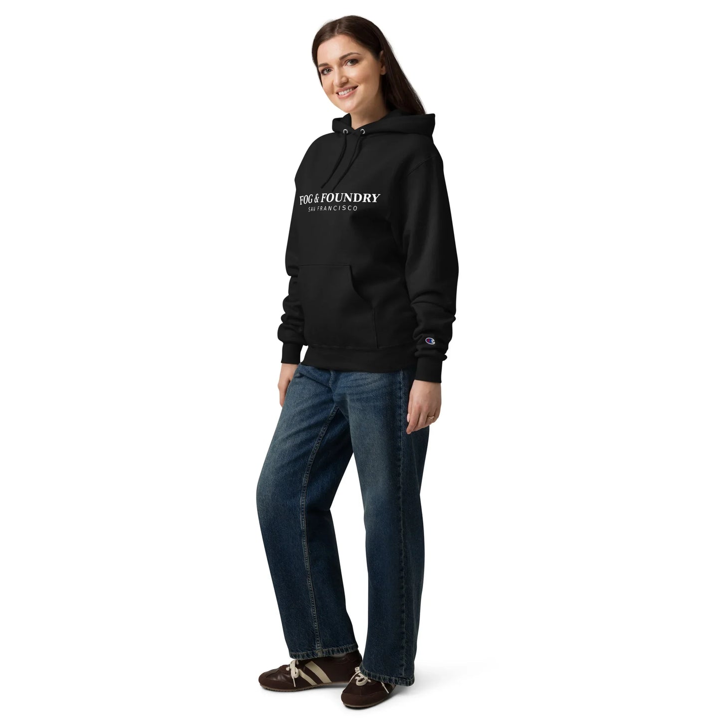 Unisex black Champion Powerblend Hoodie by Fog & Foundry, showing the left front view with a comfortable fit and stylish design.