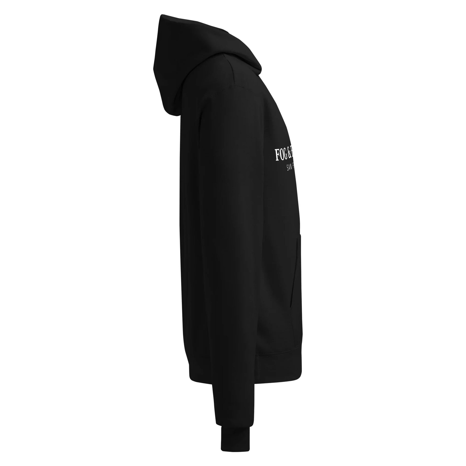Black Champion Powerblend Hoodie by Fog & Foundry, unisex sweatshirt with a comfortable fit, shown from the right side.