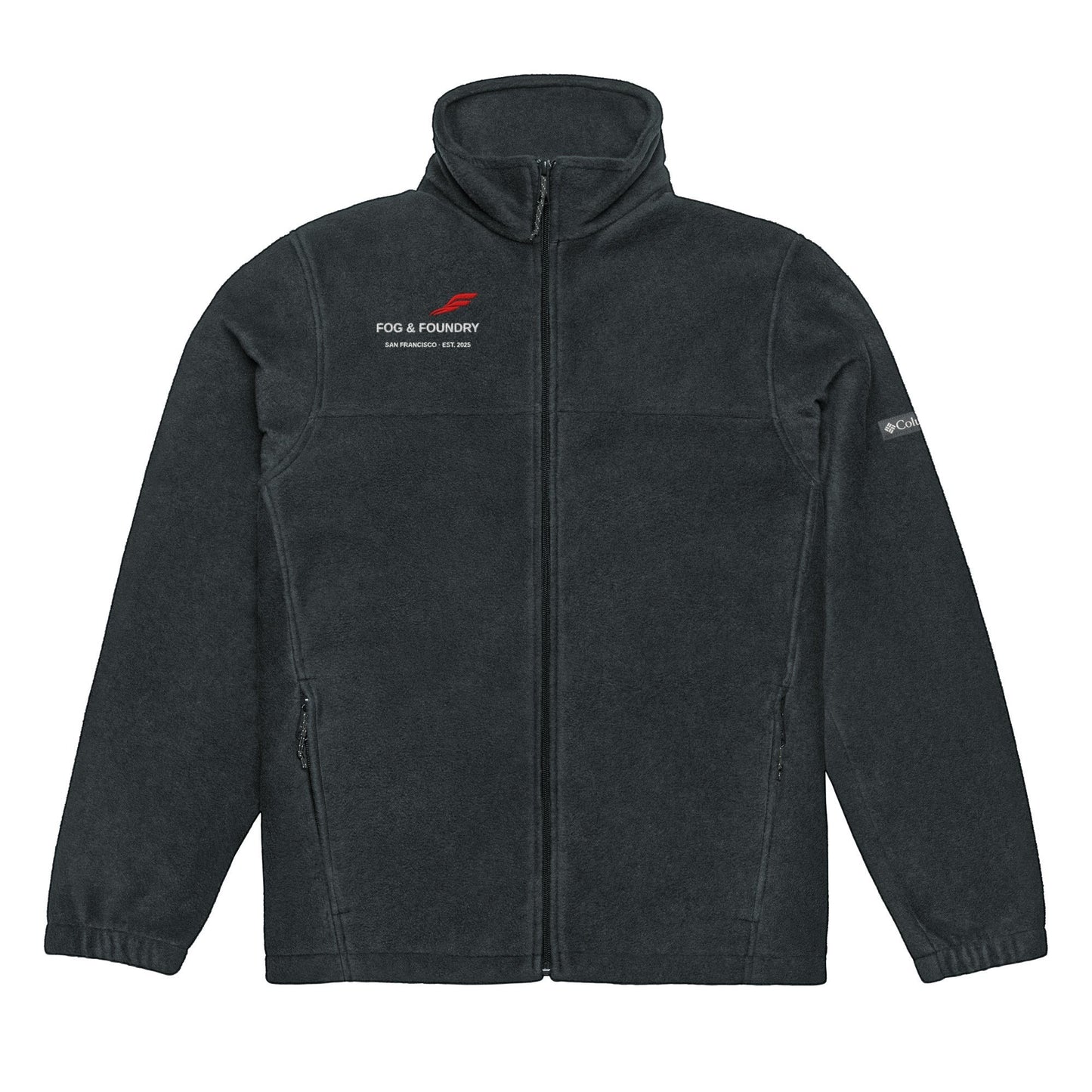 Unisex Columbia fleece jacket in black with red embroidered logo from Fog & Foundry, front view showing cozy fabric and branding.