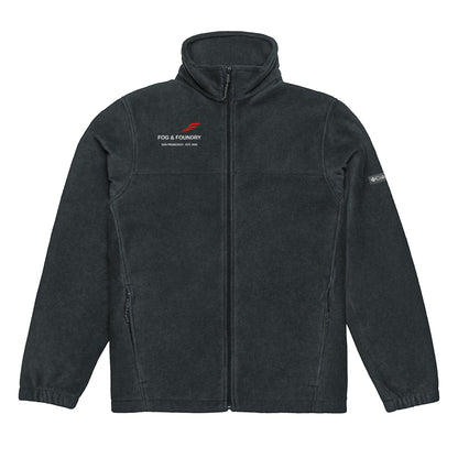 Unisex Columbia fleece jacket in black with red embroidered logo from Fog & Foundry, front view showing cozy fabric and branding.