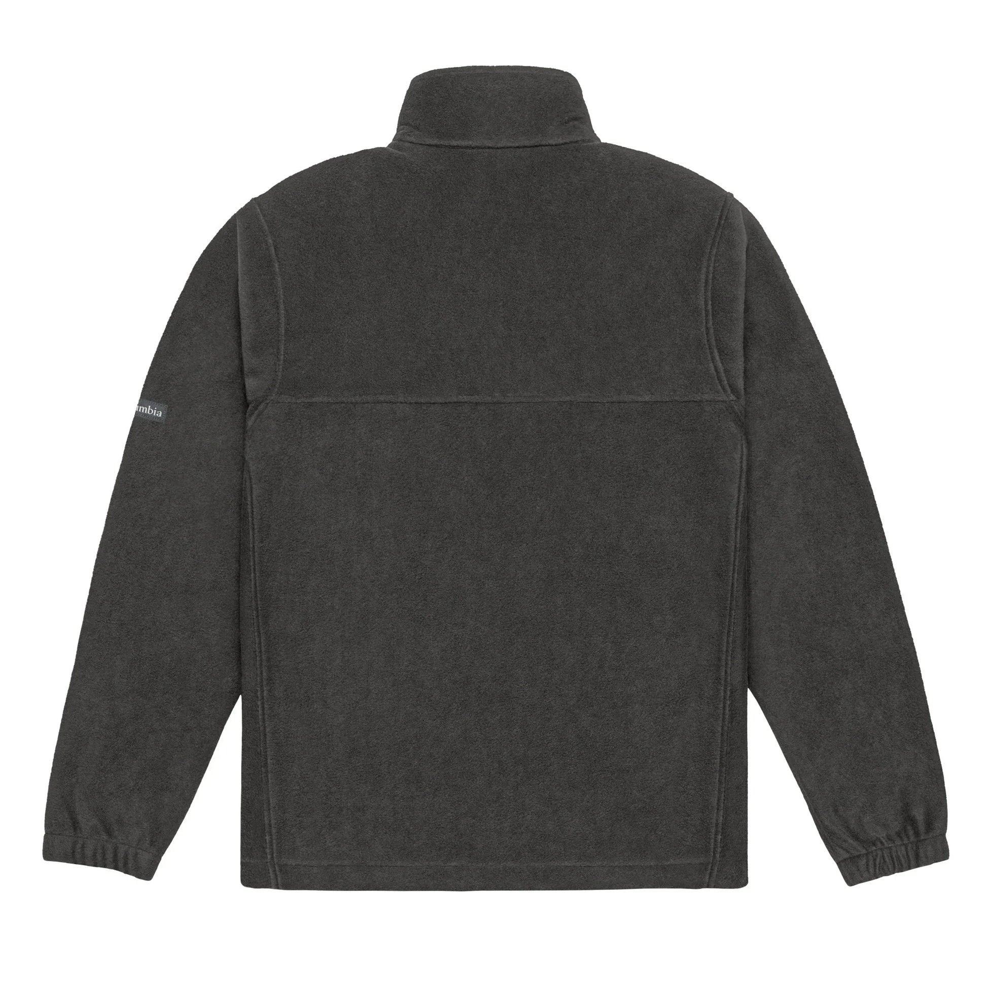 Unisex Columbia fleece zip jacket in charcoal heather, featuring a stand-up collar and front zipper for casual outdoor wear.