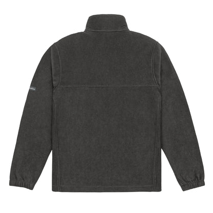 Unisex Columbia fleece zip jacket in charcoal heather, featuring a stand-up collar and front zipper for casual outdoor wear.