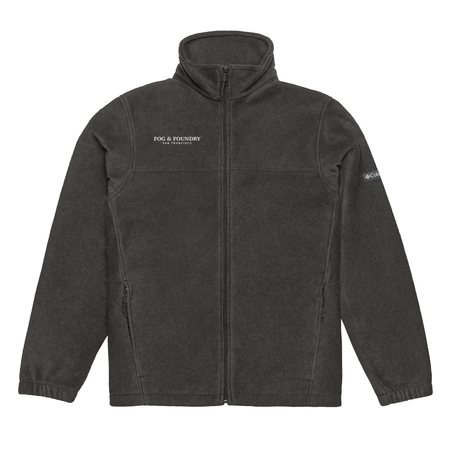 Unisex Columbia fleece zip jacket in charcoal heather with front zipper and stand collar, by Fog & Foundry.