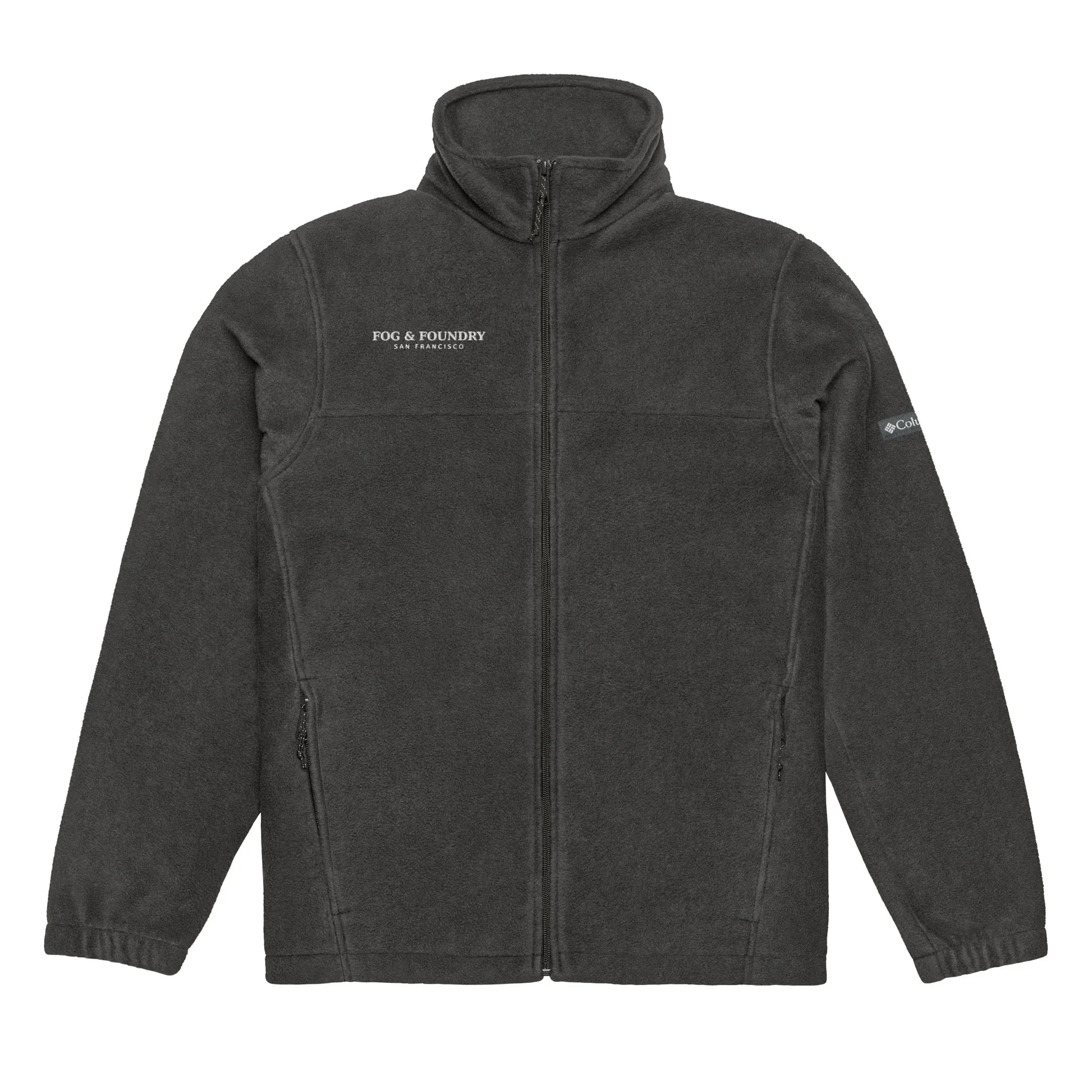 Unisex Columbia fleece zip jacket in charcoal heather with front zipper and stand collar, by Fog & Foundry.