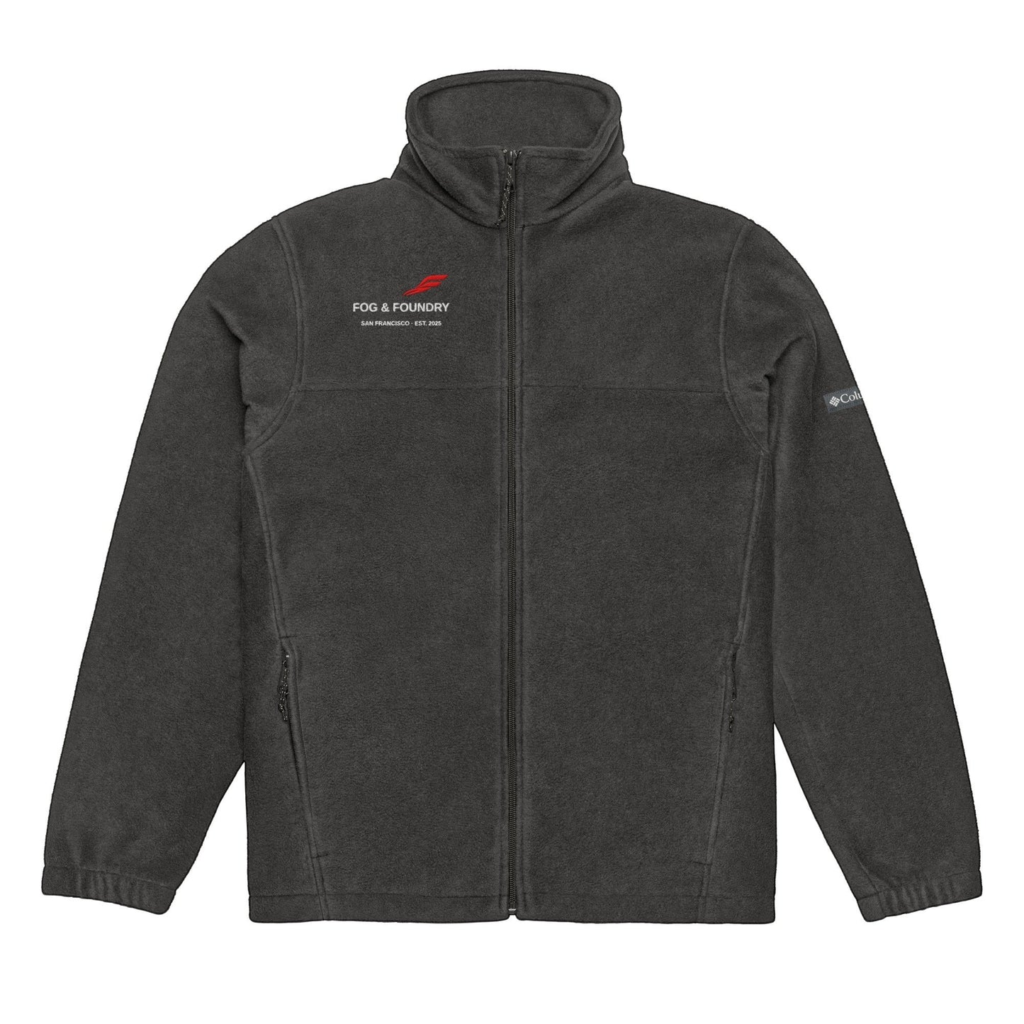 Unisex Columbia fleece jacket with red logo embroidery, in charcoal heather, showing front view with zip closure and cozy fabric.