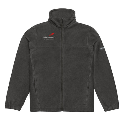 Unisex Columbia fleece jacket with red logo embroidery, in charcoal heather, showing front view with zip closure and cozy fabric.