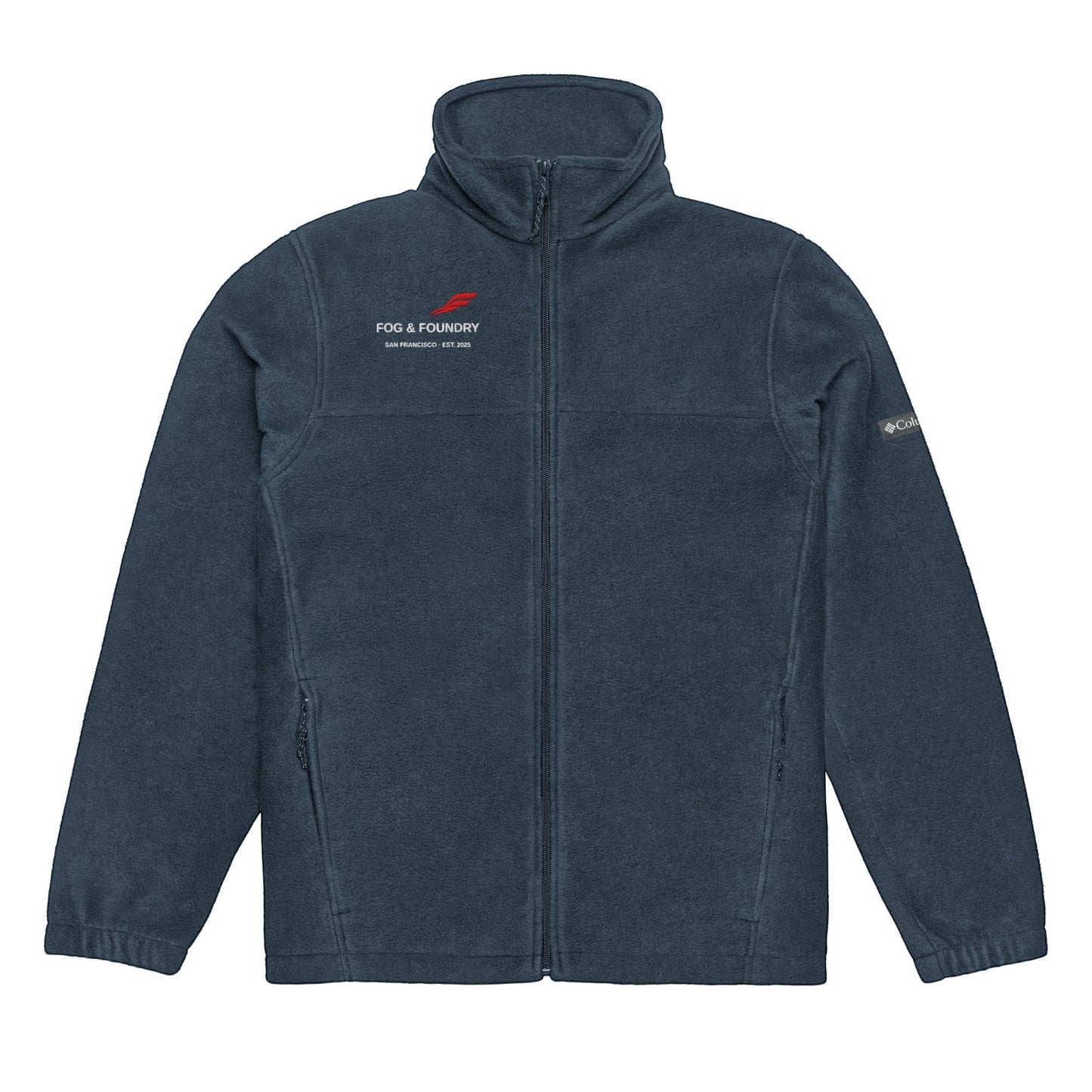 Unisex Columbia fleece jacket with red logo embroidery, featuring a front view in collegiate navy color by Fog & Foundry.
