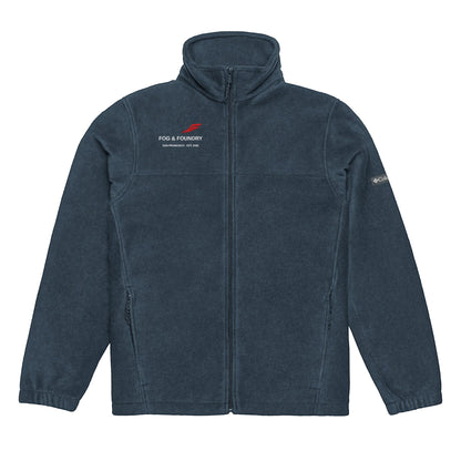 Unisex Columbia fleece jacket with red logo embroidery, featuring a front view in collegiate navy color by Fog & Foundry.