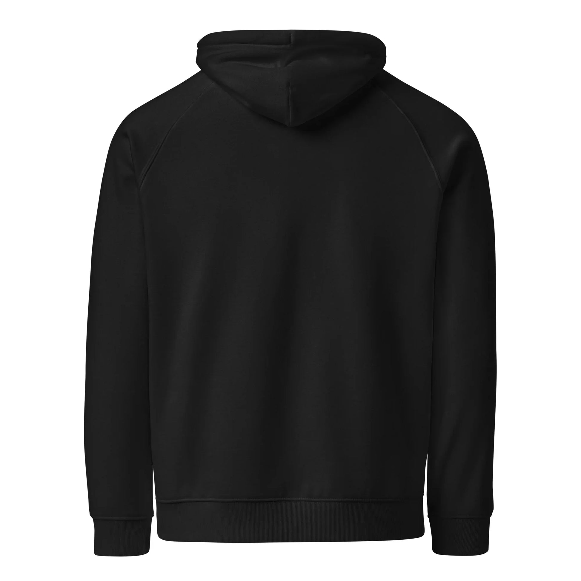 Black Eco Raglan Hoodie for everyone by Fog & Foundry, shown from the back with a casual, unisex fit and soft fabric.