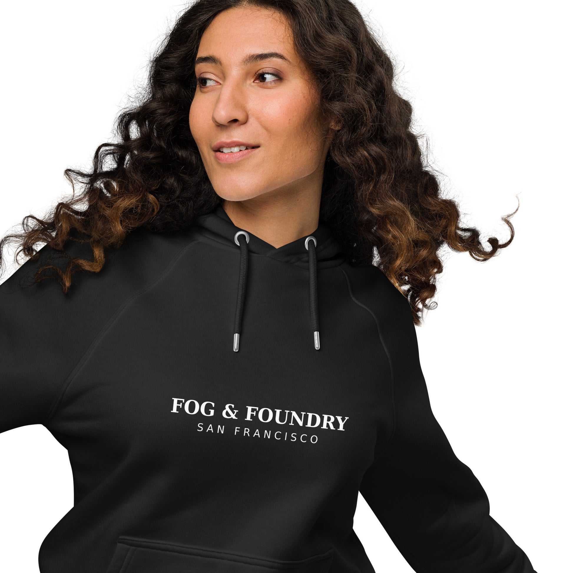 Organic cotton raglan hoodie black front view 2 — Fog & Foundry