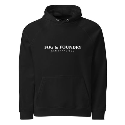 Unisex black Eco Raglan Hoodie by Fog & Foundry, front view showing comfortable fit and eco-friendly fabric.