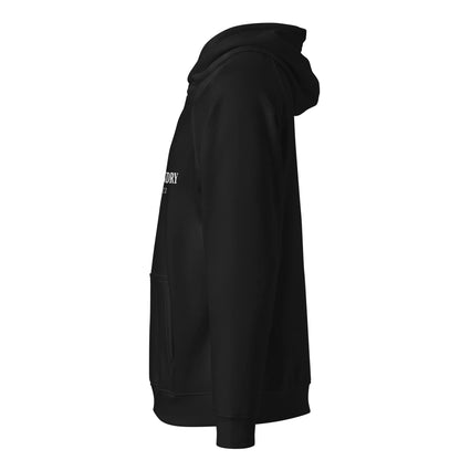 Black unisex Eco Raglan Hoodie by Fog & Foundry, featuring a comfortable fit and casual style, shown from the left side.