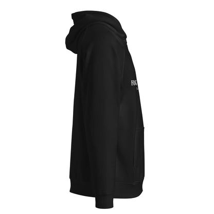 Unisex black Eco Raglan Hoodie by Fog & Foundry, shown from the right side, featuring a casual, comfortable fit and eco-friendly fabric.