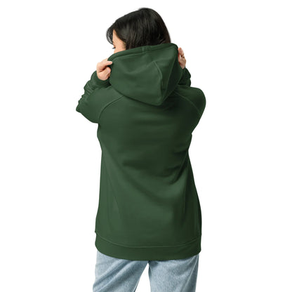 Unisex organic cotton raglan hoodie in bottle green, featuring a casual fit and San Francisco style by Fog & Foundry.