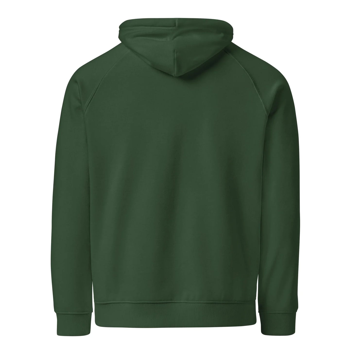 Unisex organic cotton raglan hoodie in bottle green by Fog & Foundry, shown from the back with a casual fit and soft fabric.