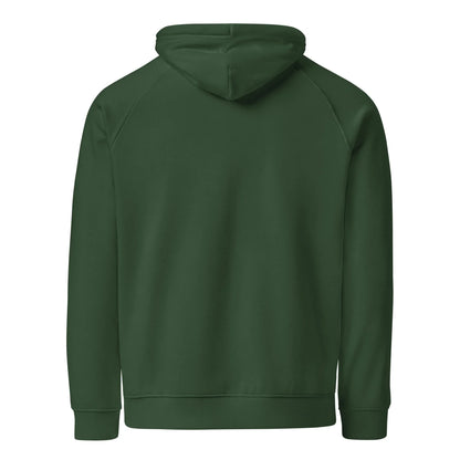 Unisex organic cotton raglan hoodie in bottle green by Fog & Foundry, shown from the back with a casual fit and soft fabric.