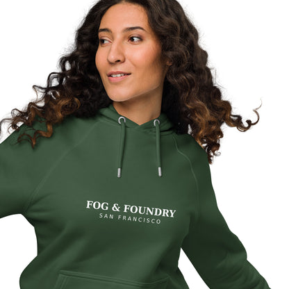 Organic cotton raglan hoodie bottle green front view 2 — Fog & Foundry