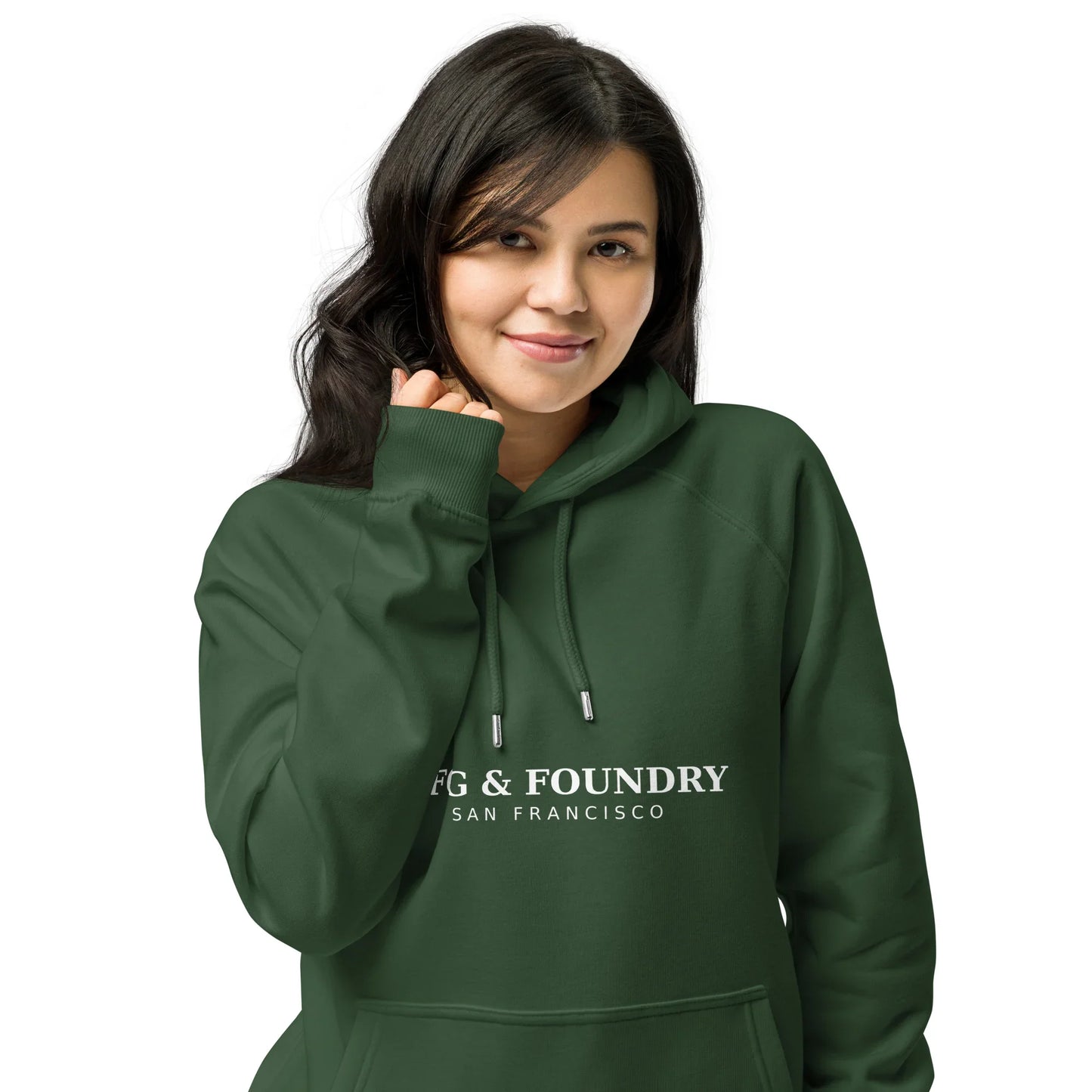 Unisex organic cotton raglan hoodie in bottle green from Fog & Foundry, front view showcasing casual style and eco-friendly fabric.