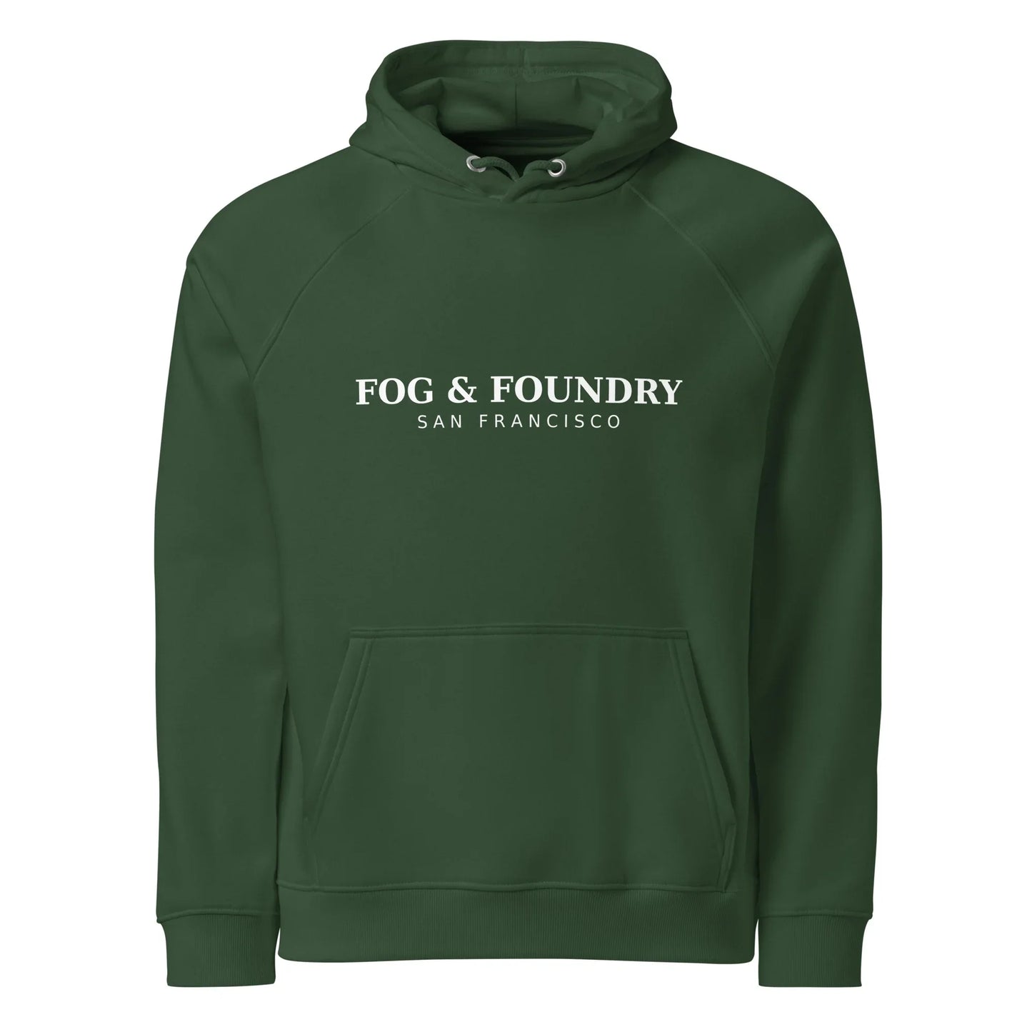 Organic cotton raglan hoodie by Fog & Foundry in bottle green, unisex casual hoodie with front view and eco-friendly fabric.