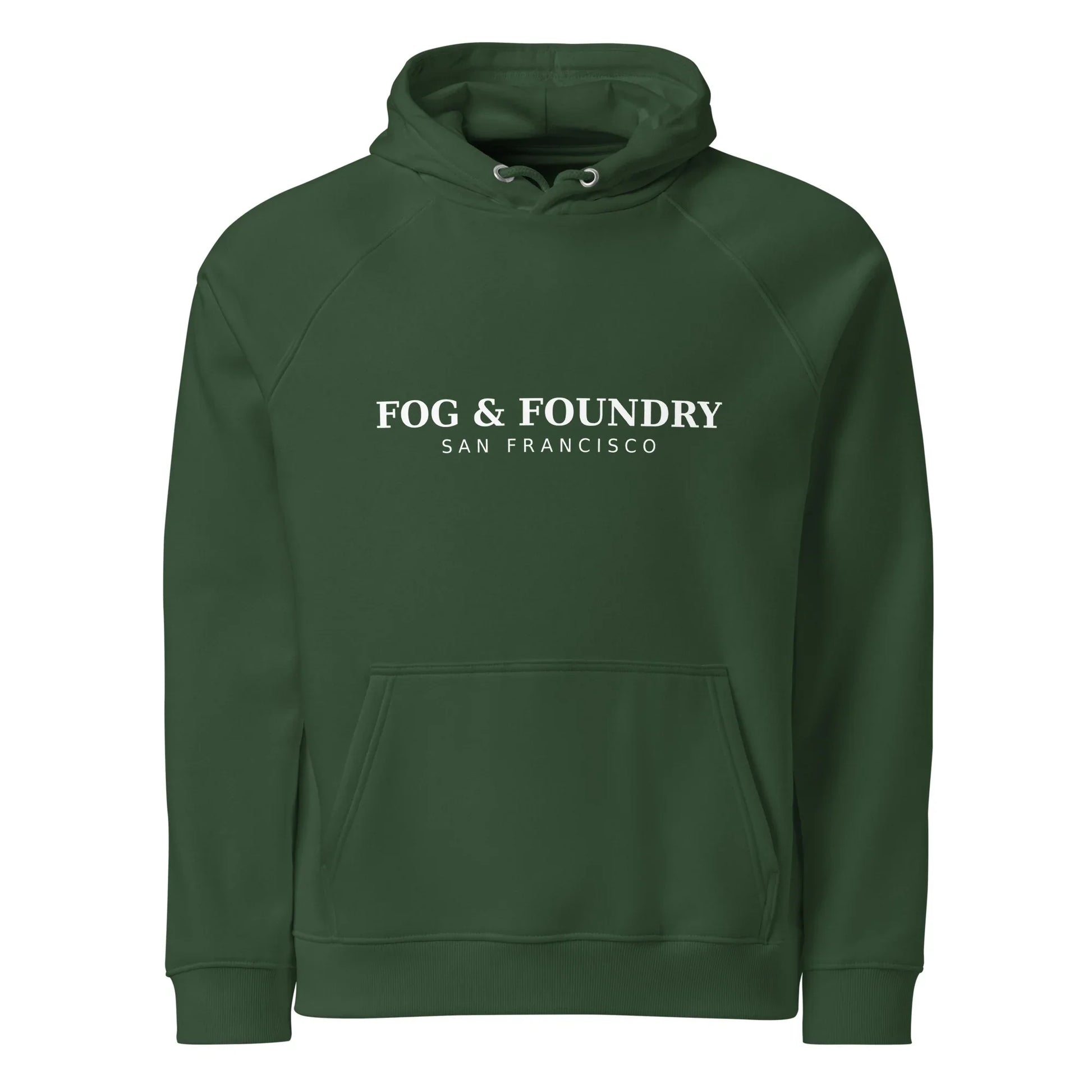Organic cotton raglan hoodie by Fog & Foundry in bottle green, unisex casual hoodie with front view and eco-friendly fabric.