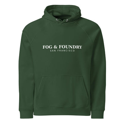Organic cotton raglan hoodie by Fog & Foundry in bottle green, unisex casual hoodie with front view and eco-friendly fabric.
