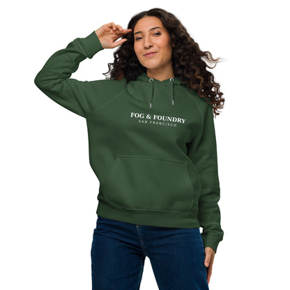 Organic cotton raglan hoodie bottle green front — Fog & Foundry