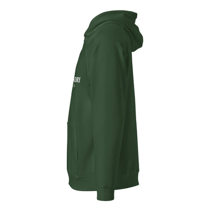 Unisex organic cotton raglan hoodie in bottle green by Fog & Foundry, shown with long sleeves and casual fit.