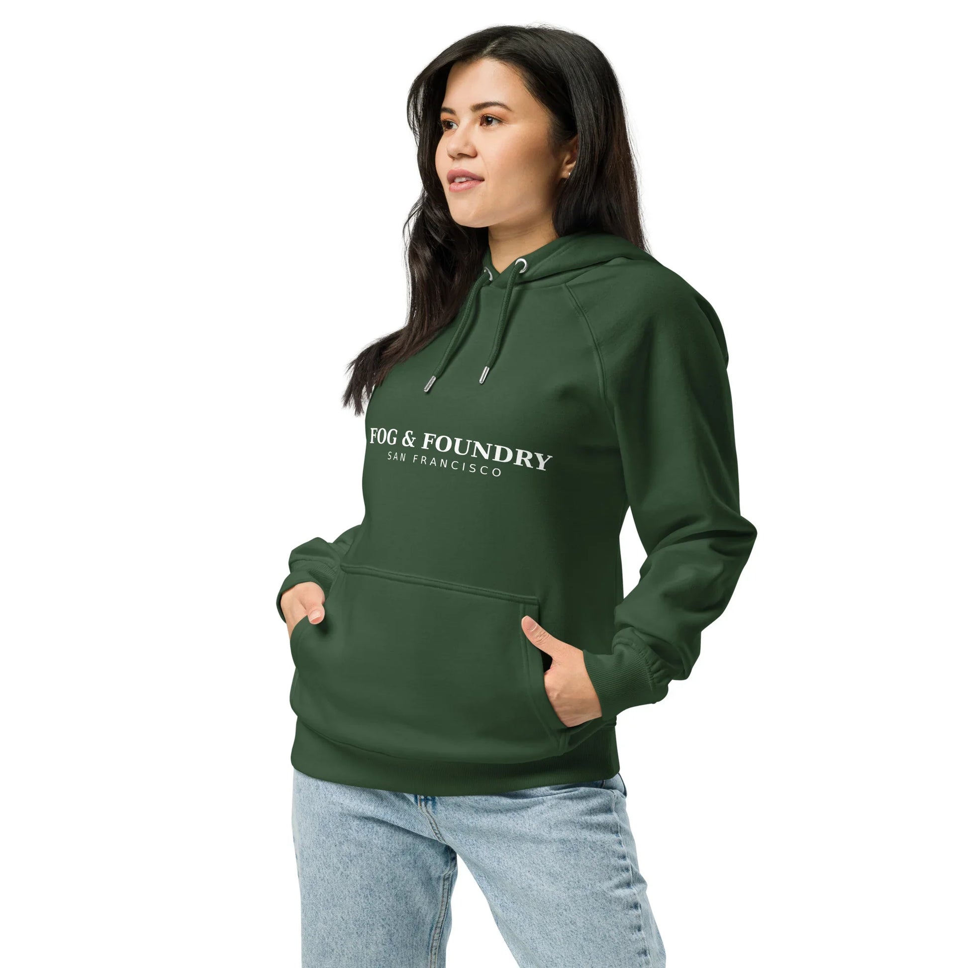 Unisex organic cotton raglan hoodie in bottle green, featuring a casual fit and front view, by Fog & Foundry.