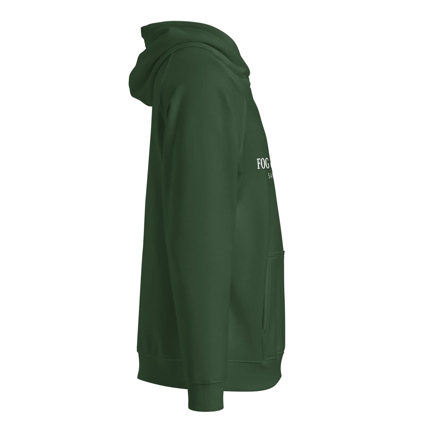 Unisex organic cotton raglan hoodie in bottle green by Fog & Foundry, casual style perfect for all.