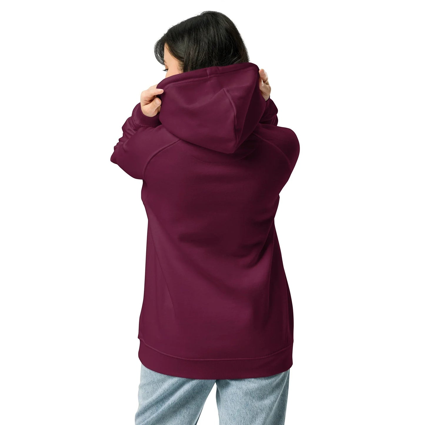 Unisex burgundy organic cotton raglan hoodie by Fog & Foundry, shown from the back with casual fit and soft fabric.