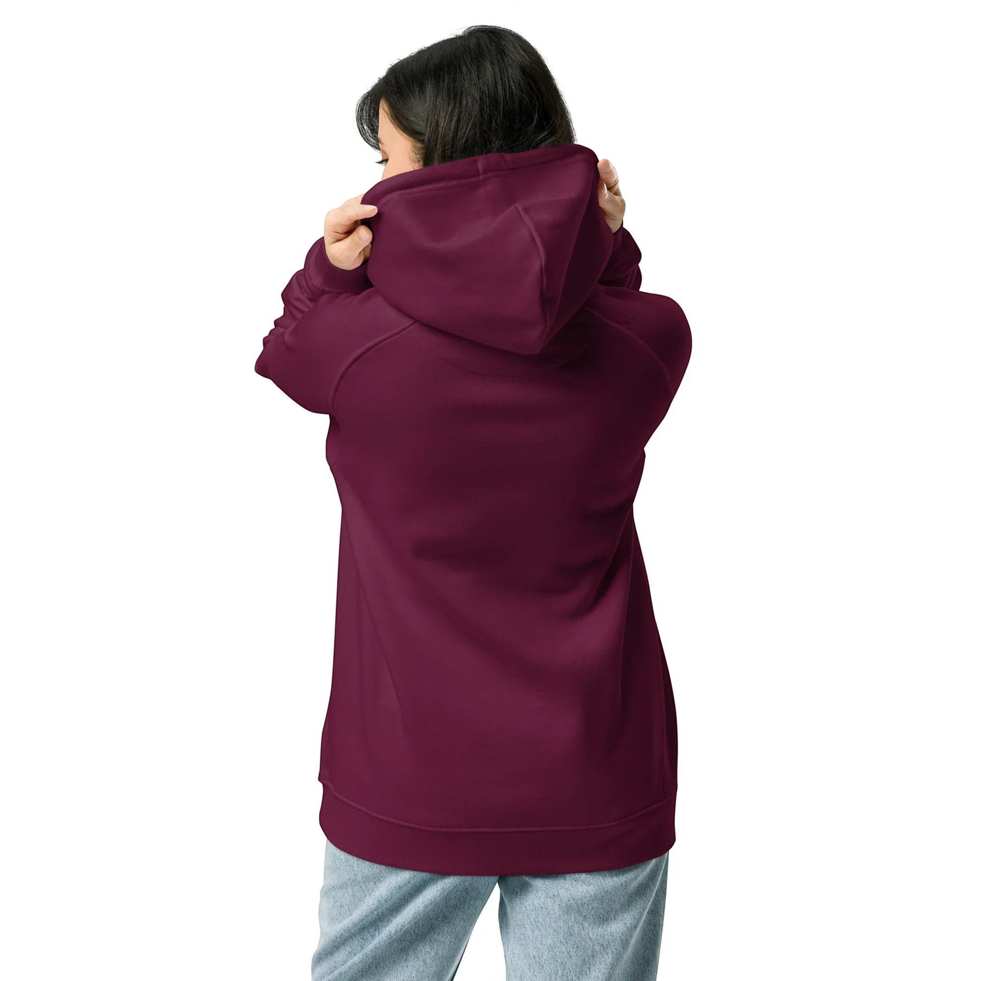 Unisex burgundy organic cotton raglan hoodie by Fog & Foundry, shown from the back with casual fit and soft fabric.