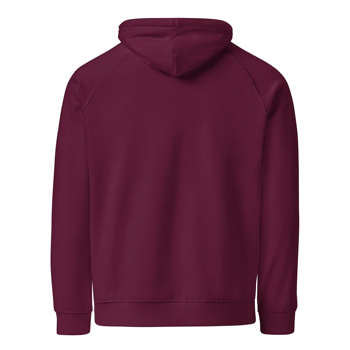 Unisex burgundy organic cotton raglan hoodie by Fog & Foundry, showing the back view with relaxed fit and casual style.