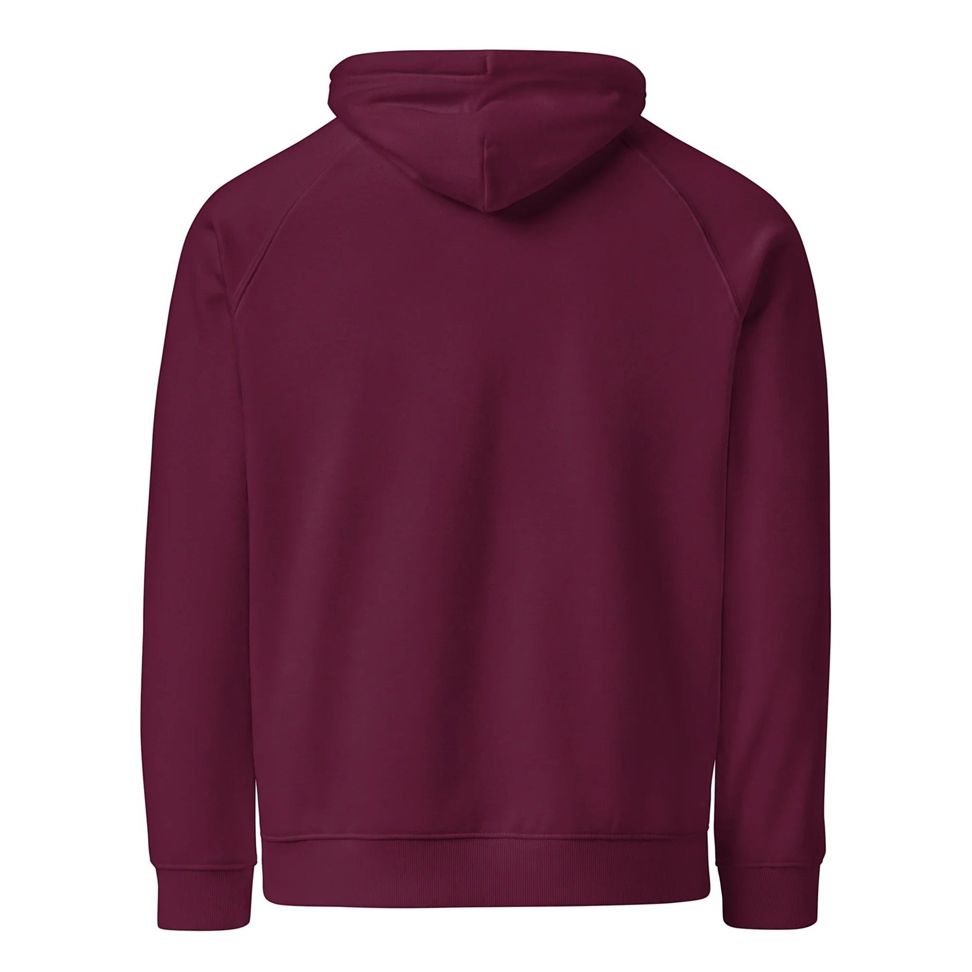 Unisex burgundy organic cotton raglan hoodie by Fog & Foundry, showing the back view with relaxed fit and casual style.