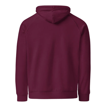 Unisex burgundy organic cotton raglan hoodie by Fog & Foundry, showing the back view with relaxed fit and casual style.