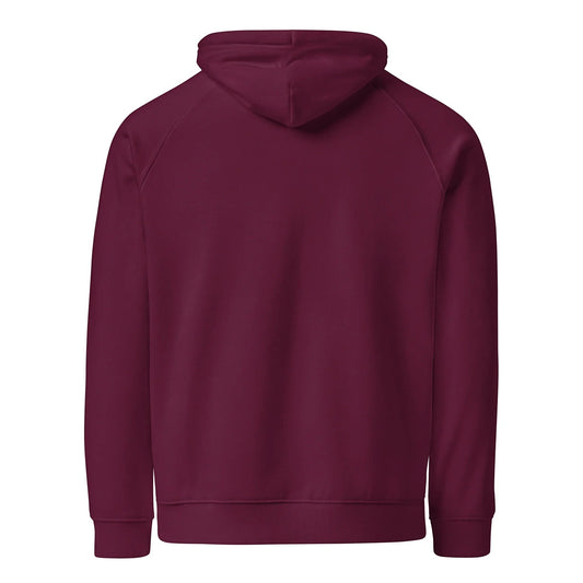 Unisex burgundy organic cotton raglan hoodie by Fog & Foundry, showing the back view with relaxed fit and casual style.