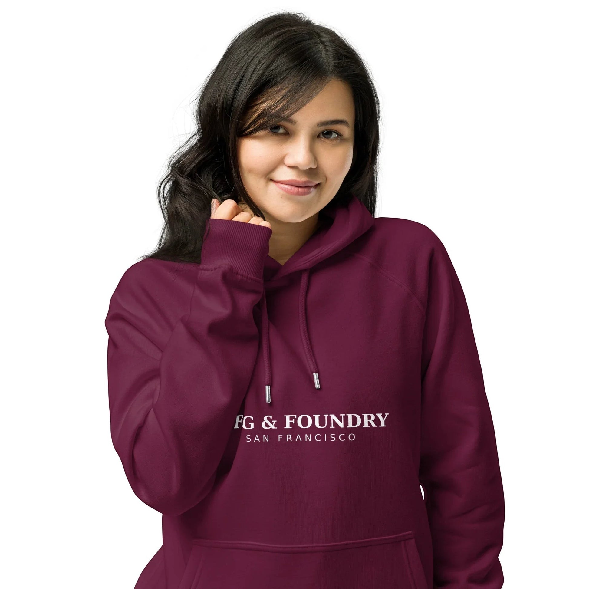 Unisex burgundy organic cotton raglan hoodie from Fog & Foundry, casual front view, eco-friendly and stylish for all.
