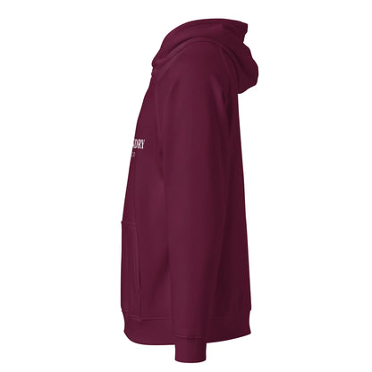 Unisex burgundy organic cotton raglan hoodie by Fog & Foundry, casual style, shown from the left side.