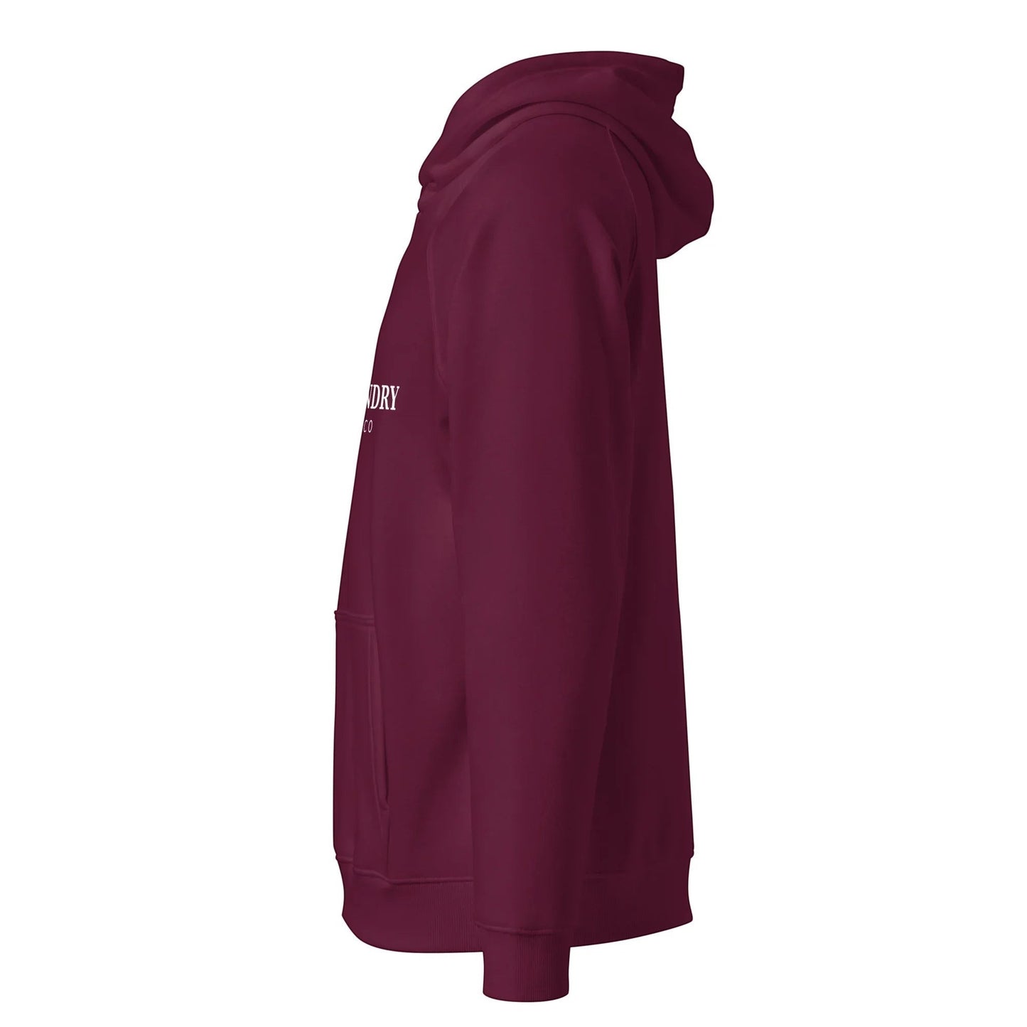 Unisex burgundy organic cotton raglan hoodie by Fog & Foundry, casual style, shown from the left side.