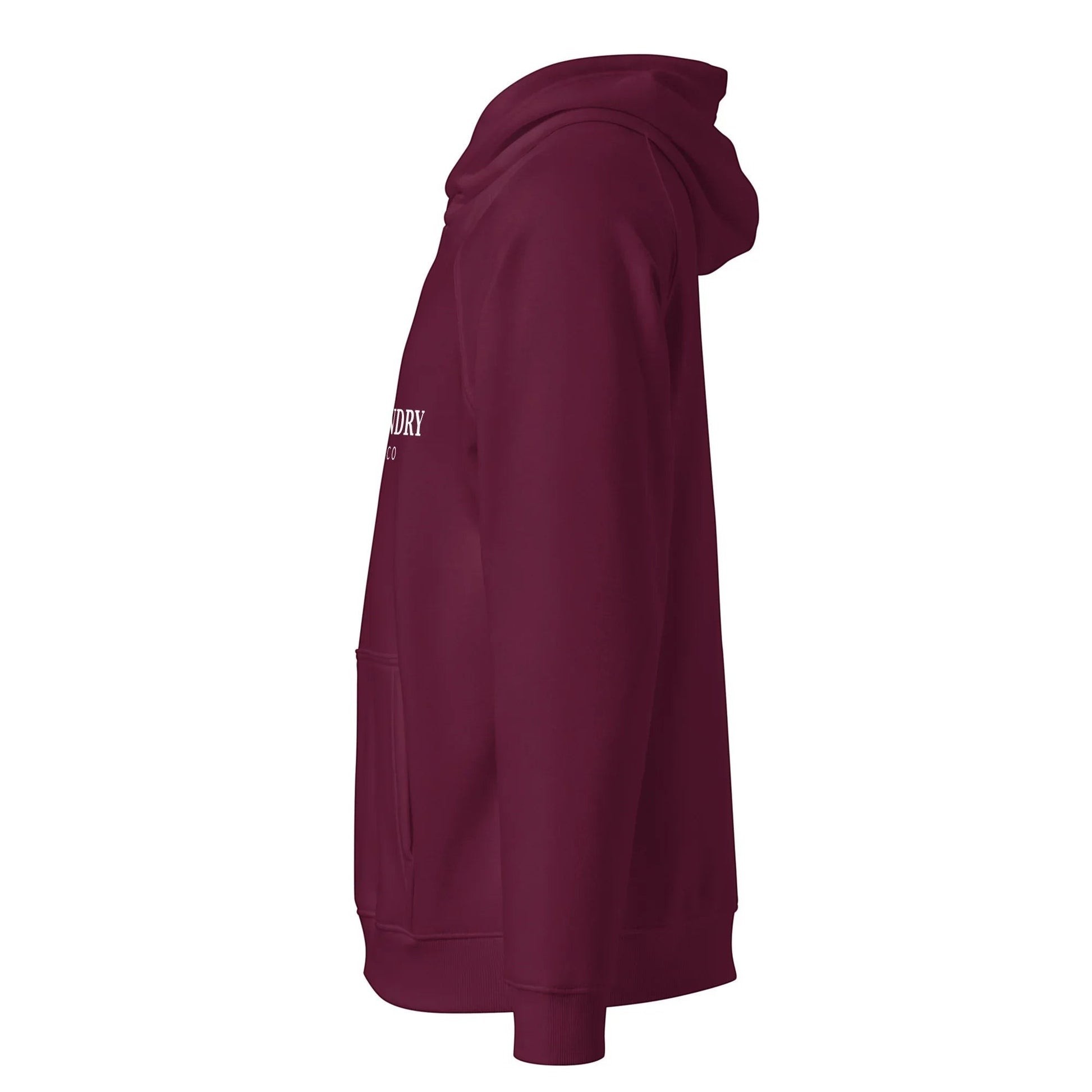 Unisex burgundy organic cotton raglan hoodie by Fog & Foundry, casual style, shown from the left side.